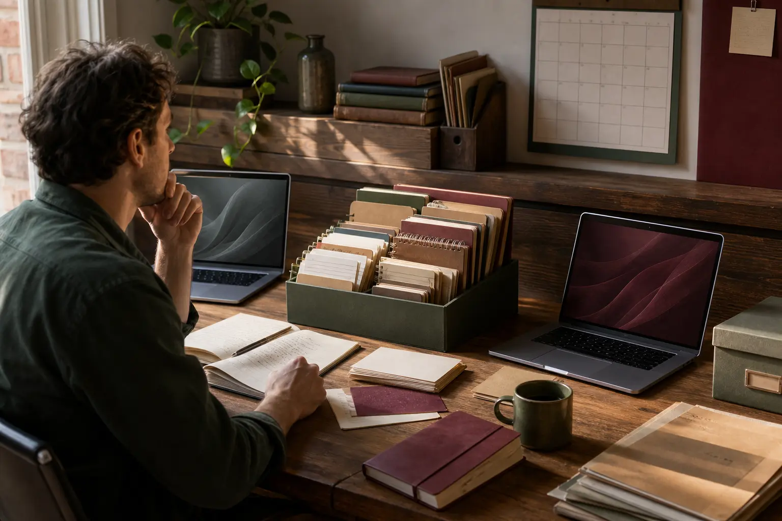 A knowledge worker uses two laptops beside a central archive of notebooks, cards and folders.