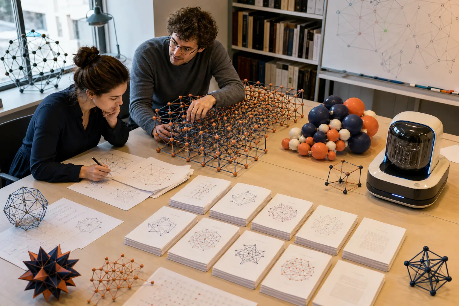 Two mathematicians examine geometric lattice models, clustered spheres and organized proof pages in a research room.