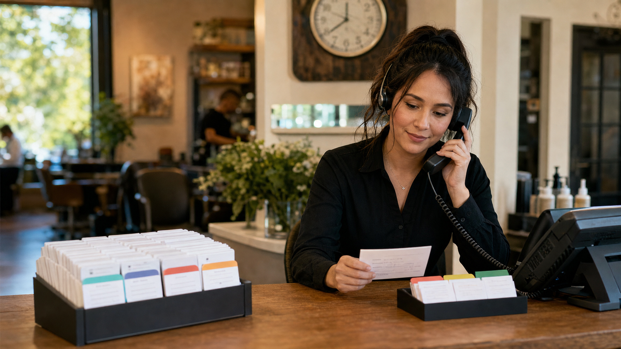 A small-business coordinator reviews confirmed appointments and a short follow-up queue.