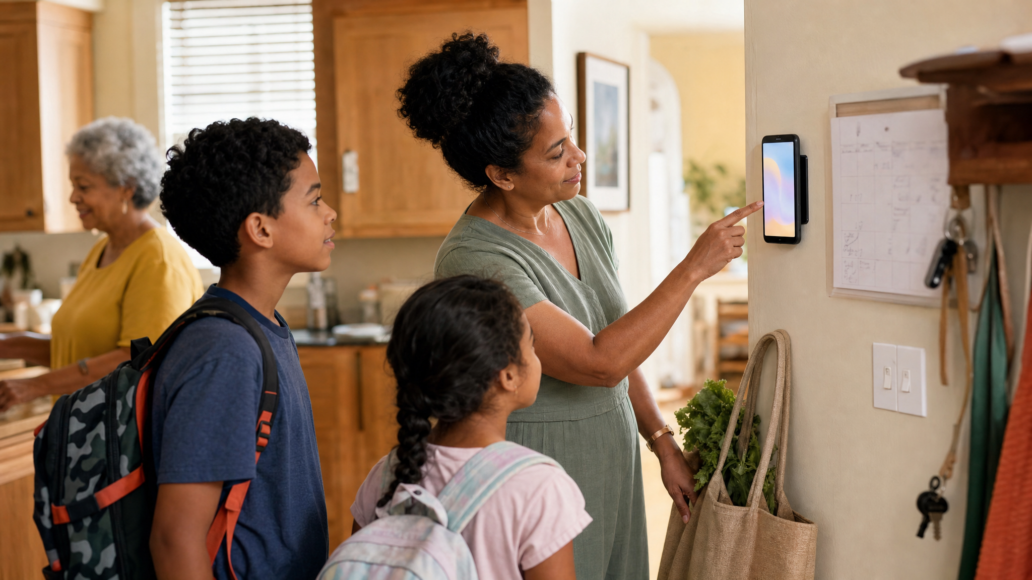 A family uses a wall-mounted Android phone to coordinate household tasks.