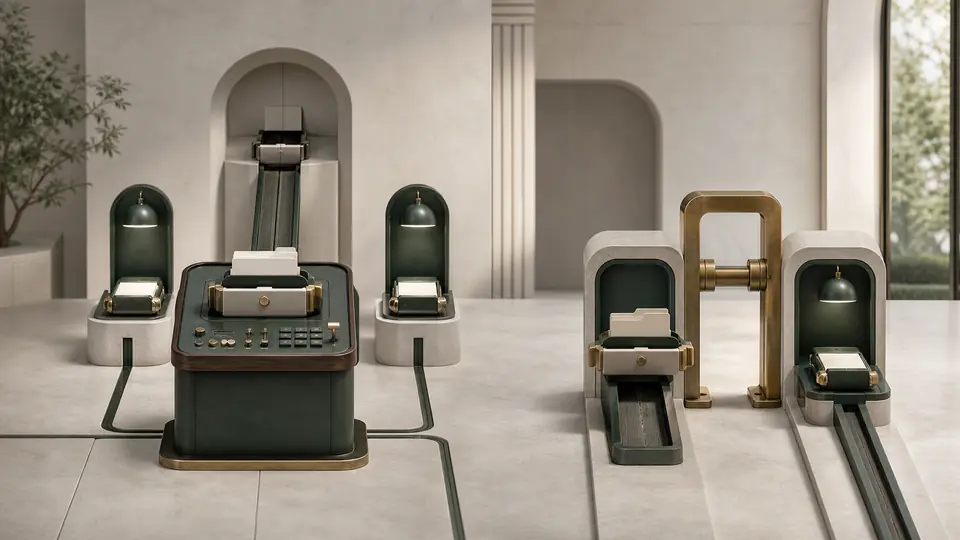 A central manager console retains work from two specialist stations beside a separate transfer gate that moves a context packet to one specialist