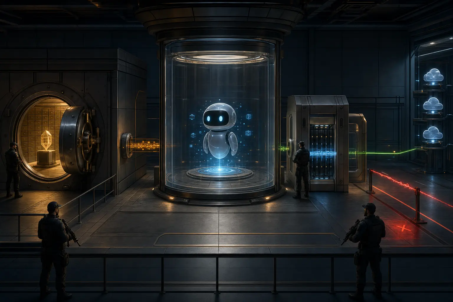 A hosted agent isolated in a transparent chamber while credentials remain in an external vault and network traffic passes through a guarded gateway