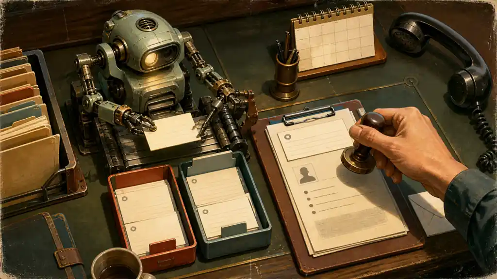 A compact mechanical assistant sorts blank voicemail slips while a human hand holds an approval stamp above one prepared callback packet.