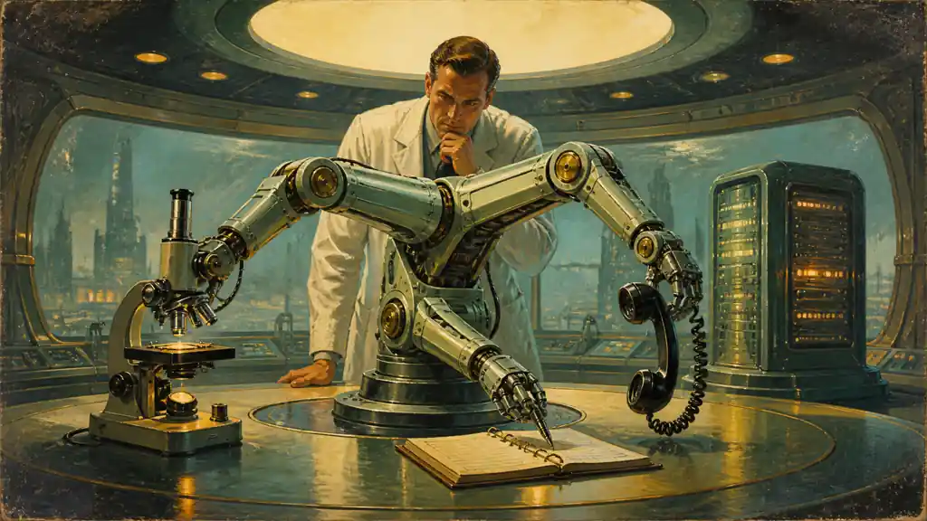 A scientist supervises one mechanical agent coordinating laboratory, telephone, record-keeping and computing work from a central station.