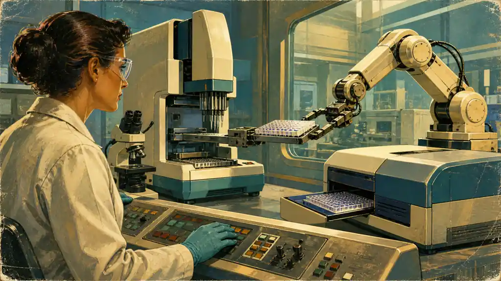 A laboratory scientist supervises a robotic arm transferring a sample tray between a microscope, liquid handler and plate reader.