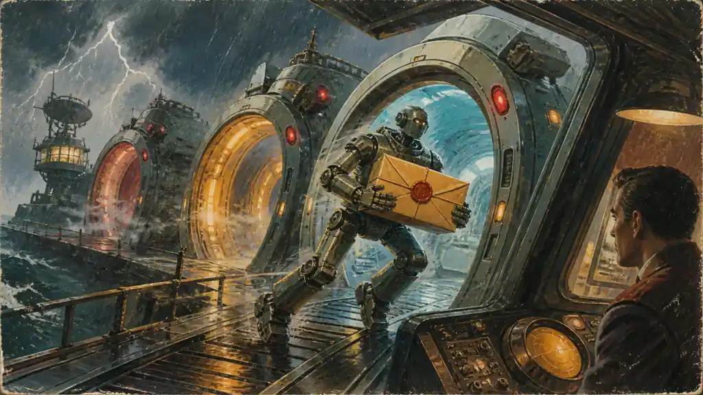 A mechanical courier protects one sealed work packet while crossing several storm-battered relay gates toward a waiting operator.