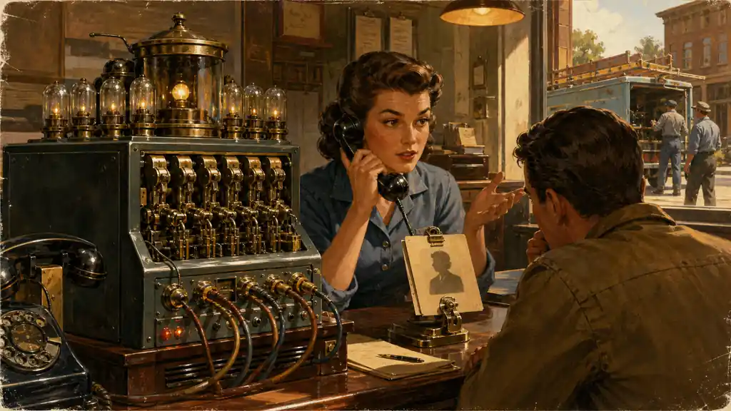 A service-business operator handles a difficult caller beside a mechanical telephone exchange that routes routine calls and prepares a human handoff.