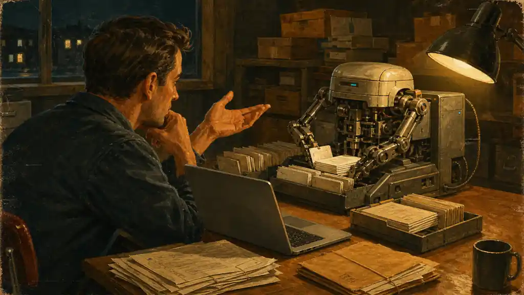A small-business owner questions a tabletop analytical machine sorting private paper records beside a closed laptop in a quiet office.