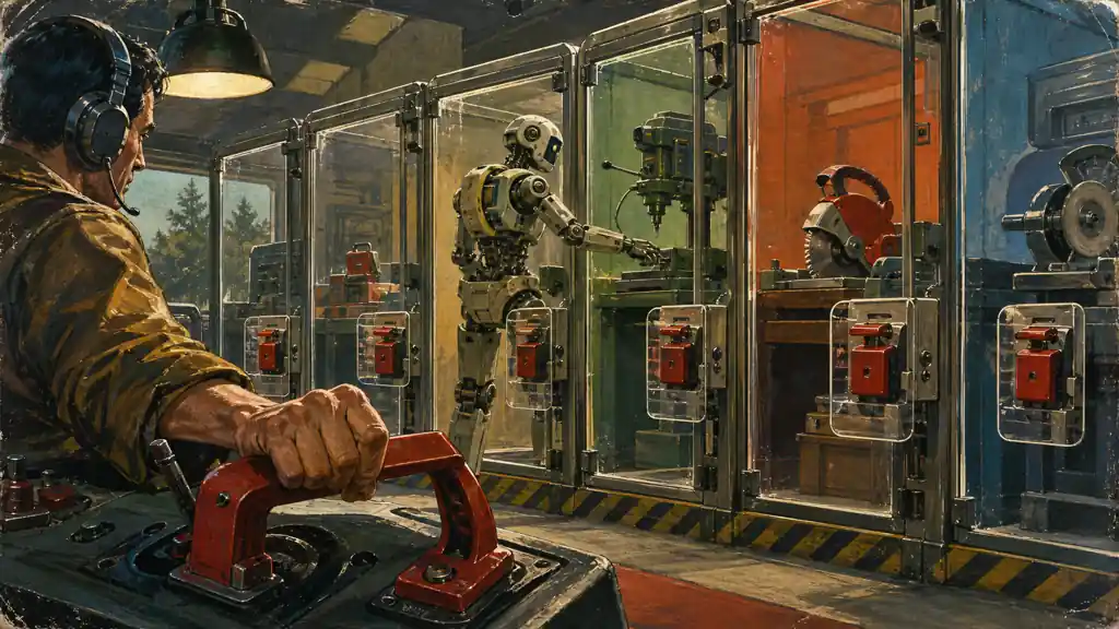 An operator holds a master brake while a mechanical assistant works inside one of several individually gated workshop bays.