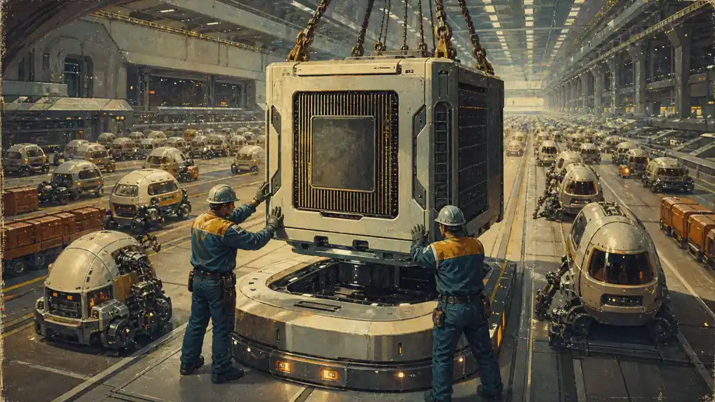 Two infrastructure engineers guide a large central processor into place inside a vast hall of orderly autonomous work capsules.