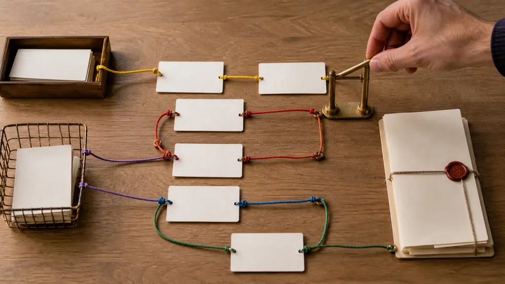 An operations owner reviews a physical process map with clear retries, exception paths, and a human approval checkpoint.