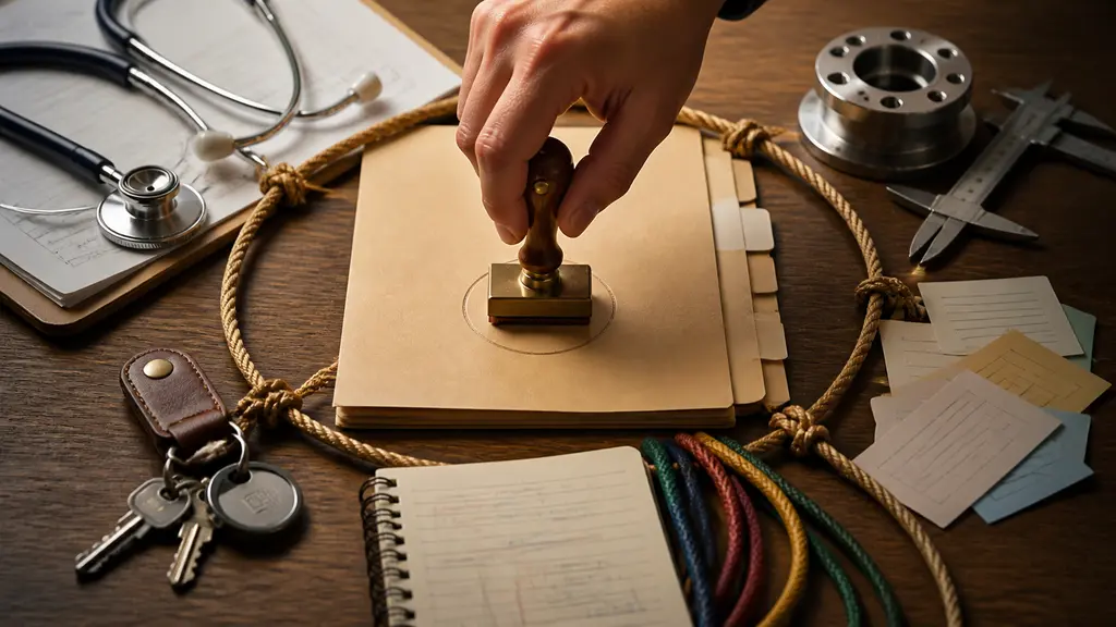 A carefully arranged editorial still life connects clinical care, engineering, procurement, social media, coding, and identity security work.