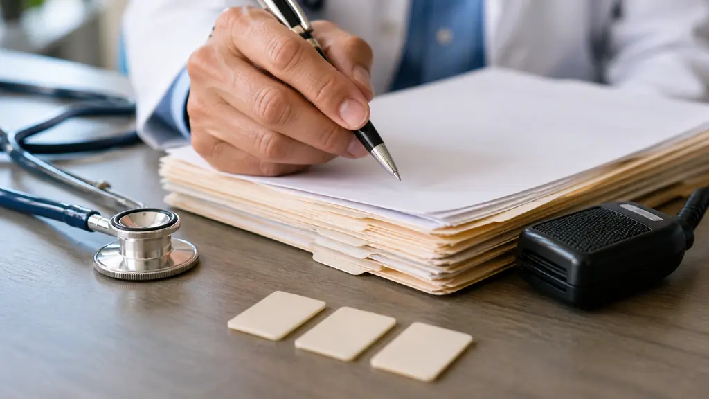 A clinician reviews a patient chart, dictated note, and suggested billing code before approval.