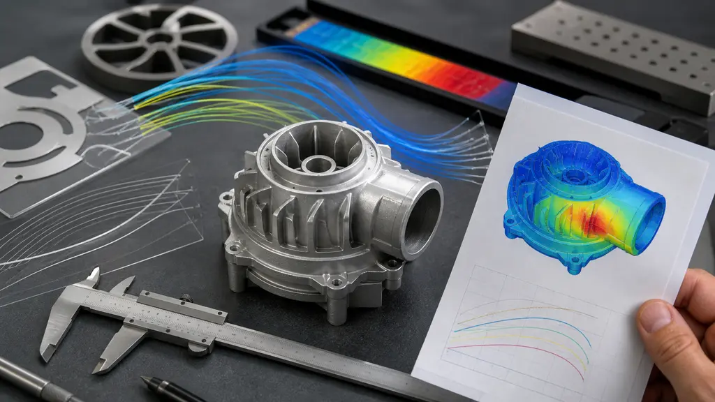 An engineer evaluates a physical prototype beside simulation evidence and material test objects.