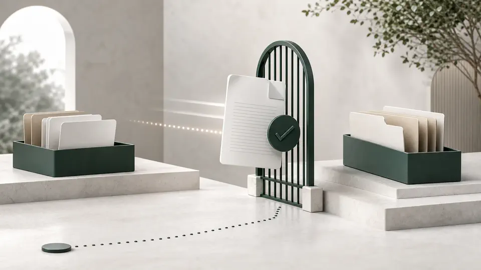 A reviewed document card crossing a narrow green gate with old and new folder positions preserved for recovery