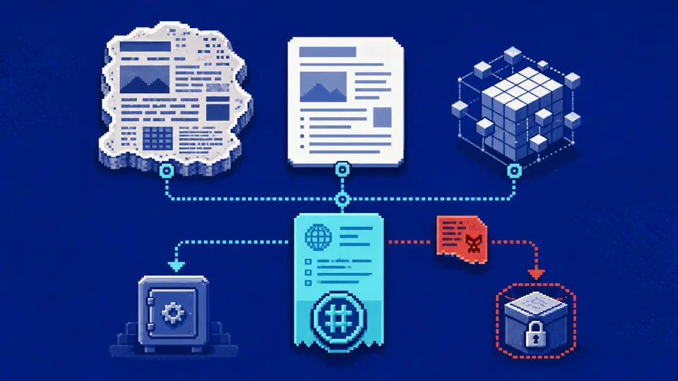 Raw page, clean document, and structured data remain attached to one cyan provenance receipt while a red instruction fragment is routed into a locked quarantine box