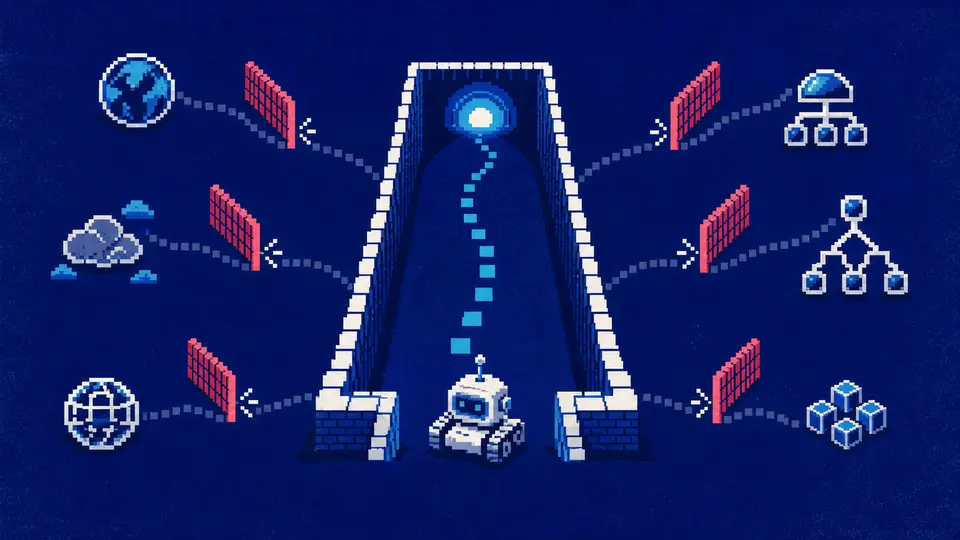 A narrow pixel-art crawl lane reaches one bounded endpoint while six external and deeper branches are stopped by red barriers