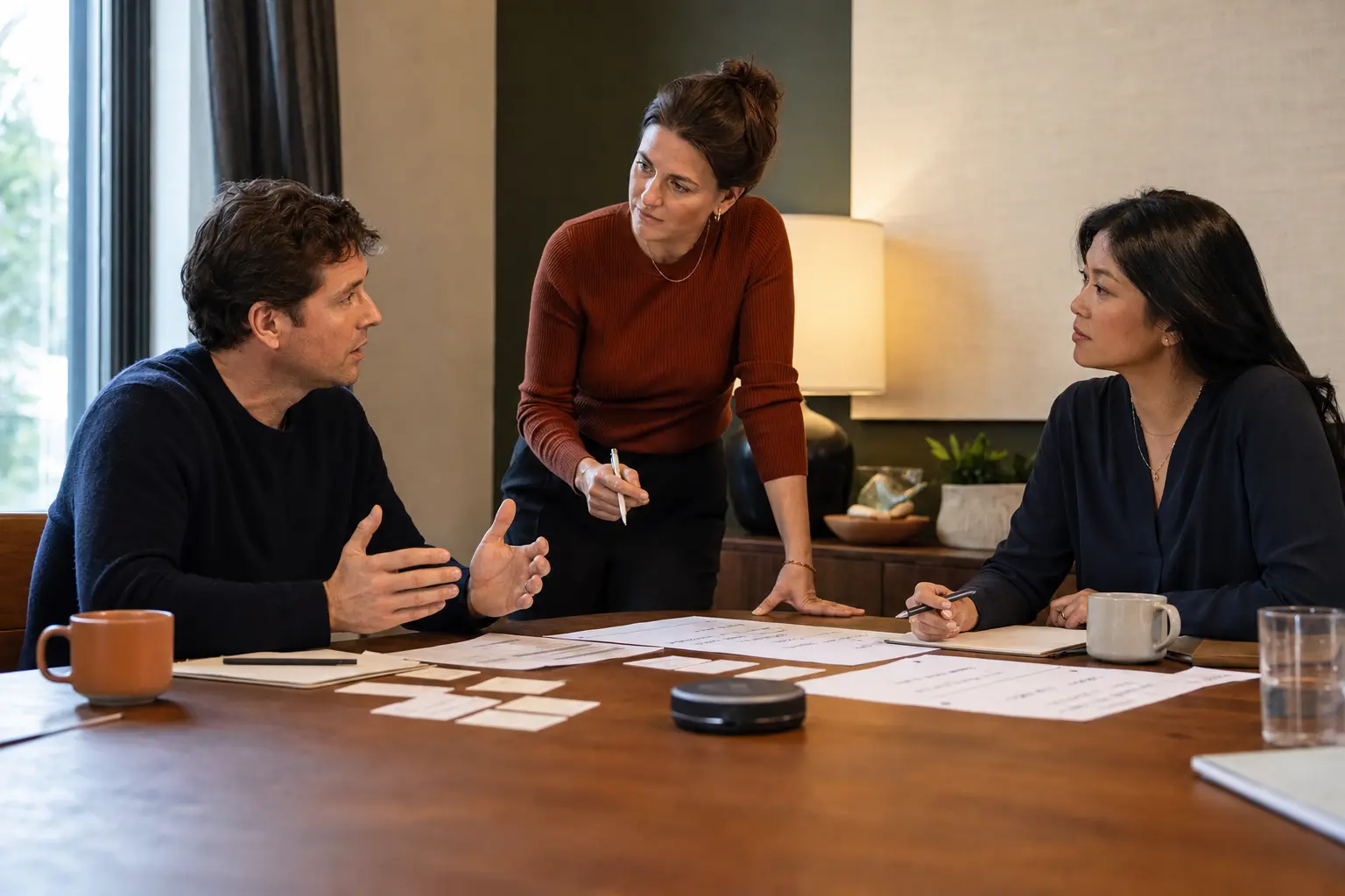 Two negotiators rehearse across a table while a human coach marks risks and trade options on paper.