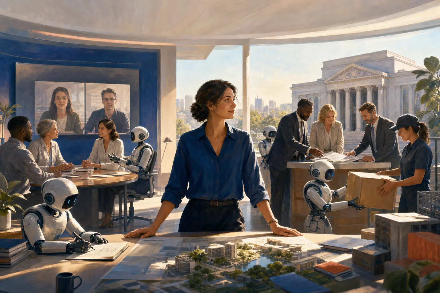 An operations coordinator supervises communication, contract review and procurement work in a sunlit studio.