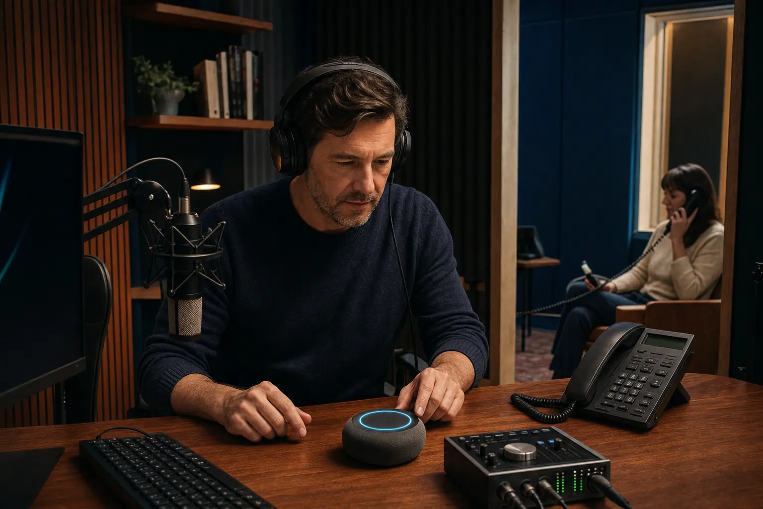A voice-studio operator supervises a tabletop agent, microphone, telephone and local audio workstation.