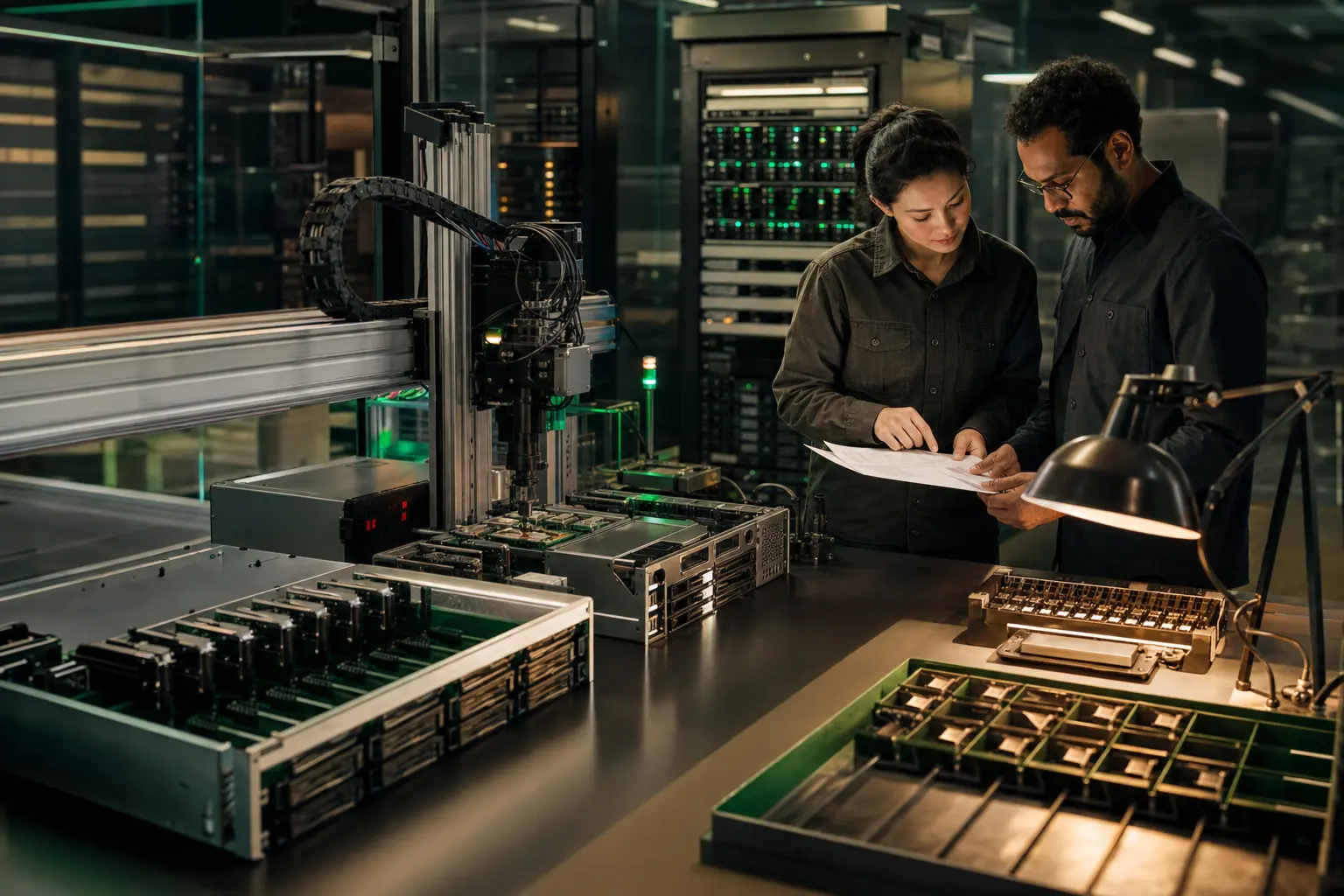 Two engineers review results from an automated server and database testing bench.