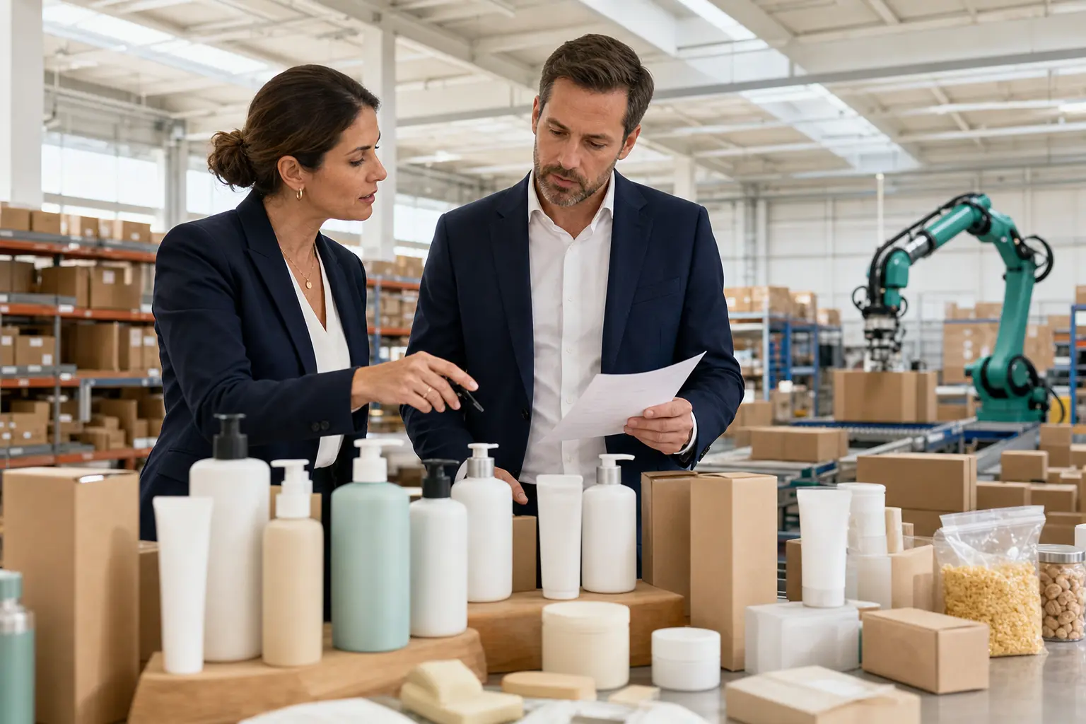 An agency strategist and retail buyer review unbranded personal-care products beside a warehouse fulfillment line.