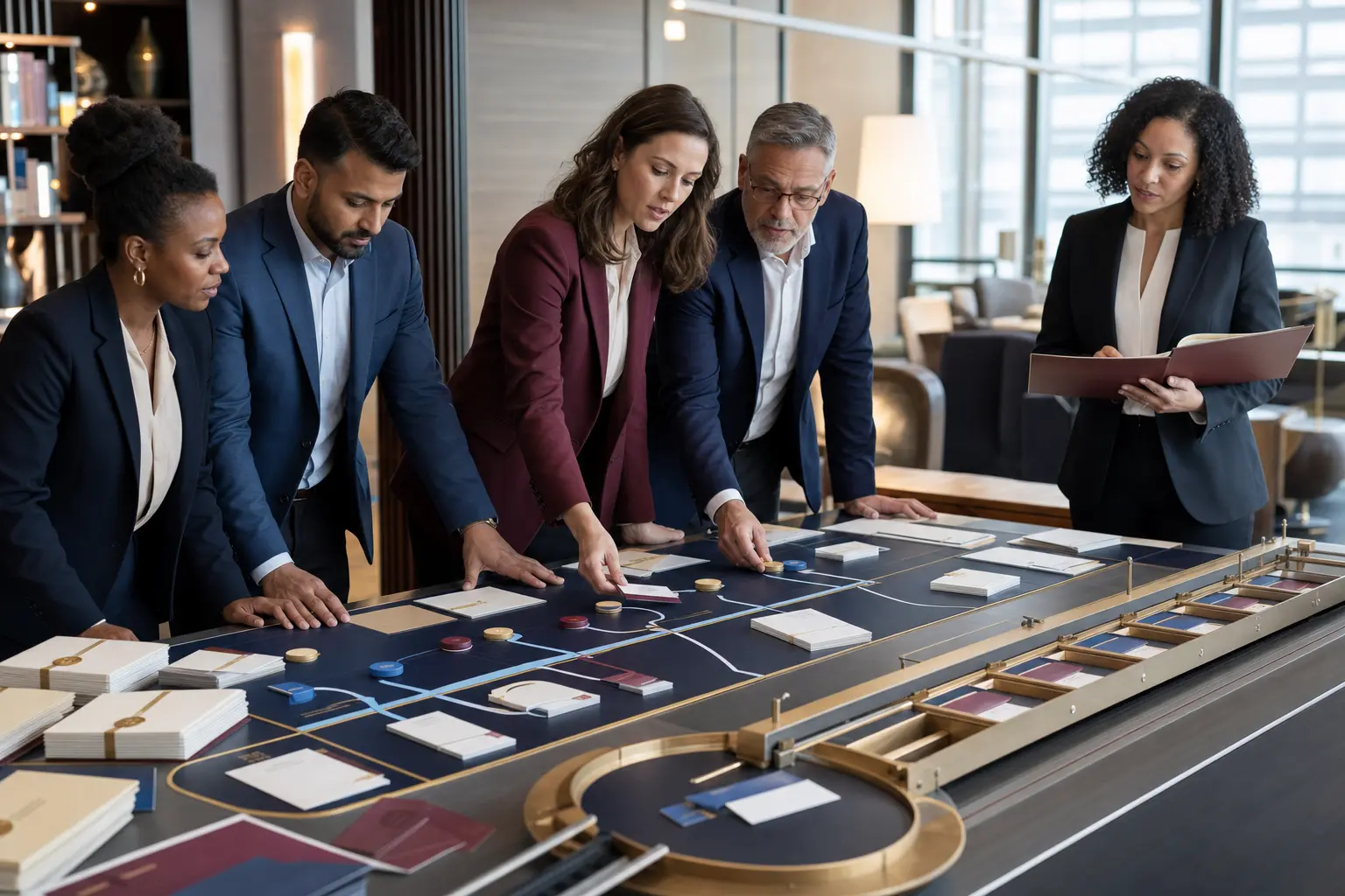 A retail-bank marketing and compliance team arranges a customer journey around an approval-led planning table.
