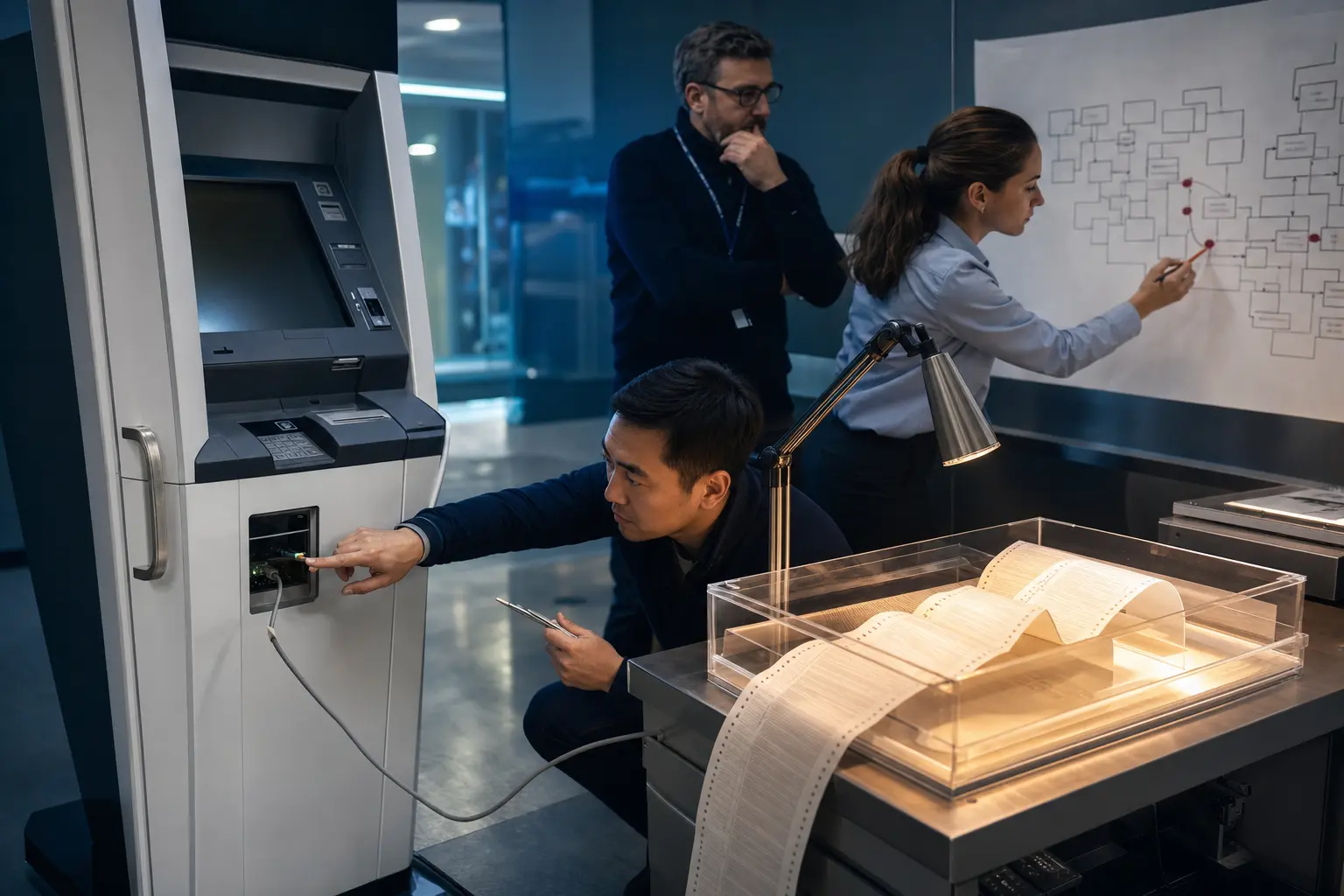 A digital operations team traces a failed payment from a service kiosk to printed evidence and a paper journey map.