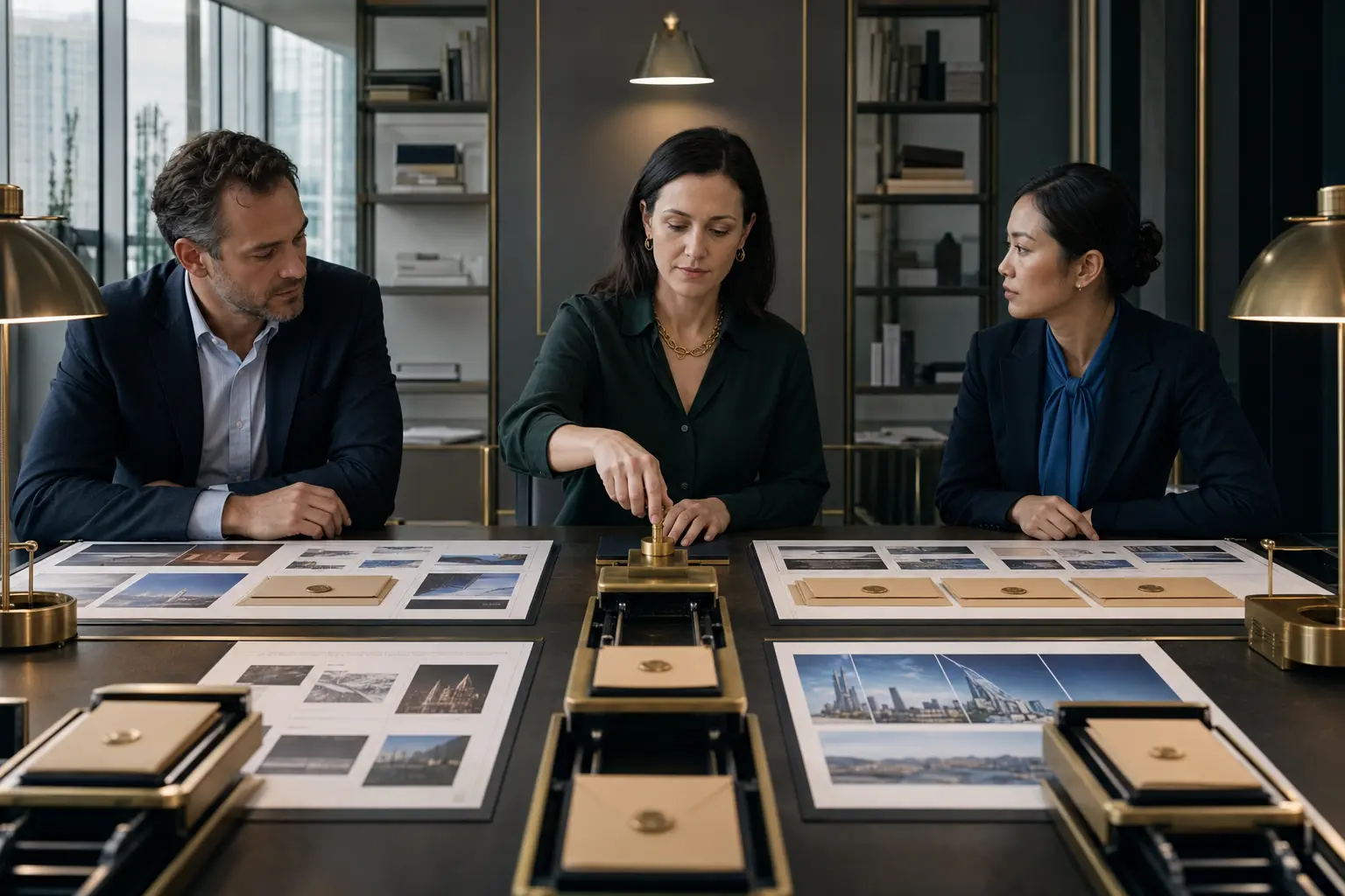 A compliance lead approves an advertising transaction between a buyer and seller at a physical media planning table.