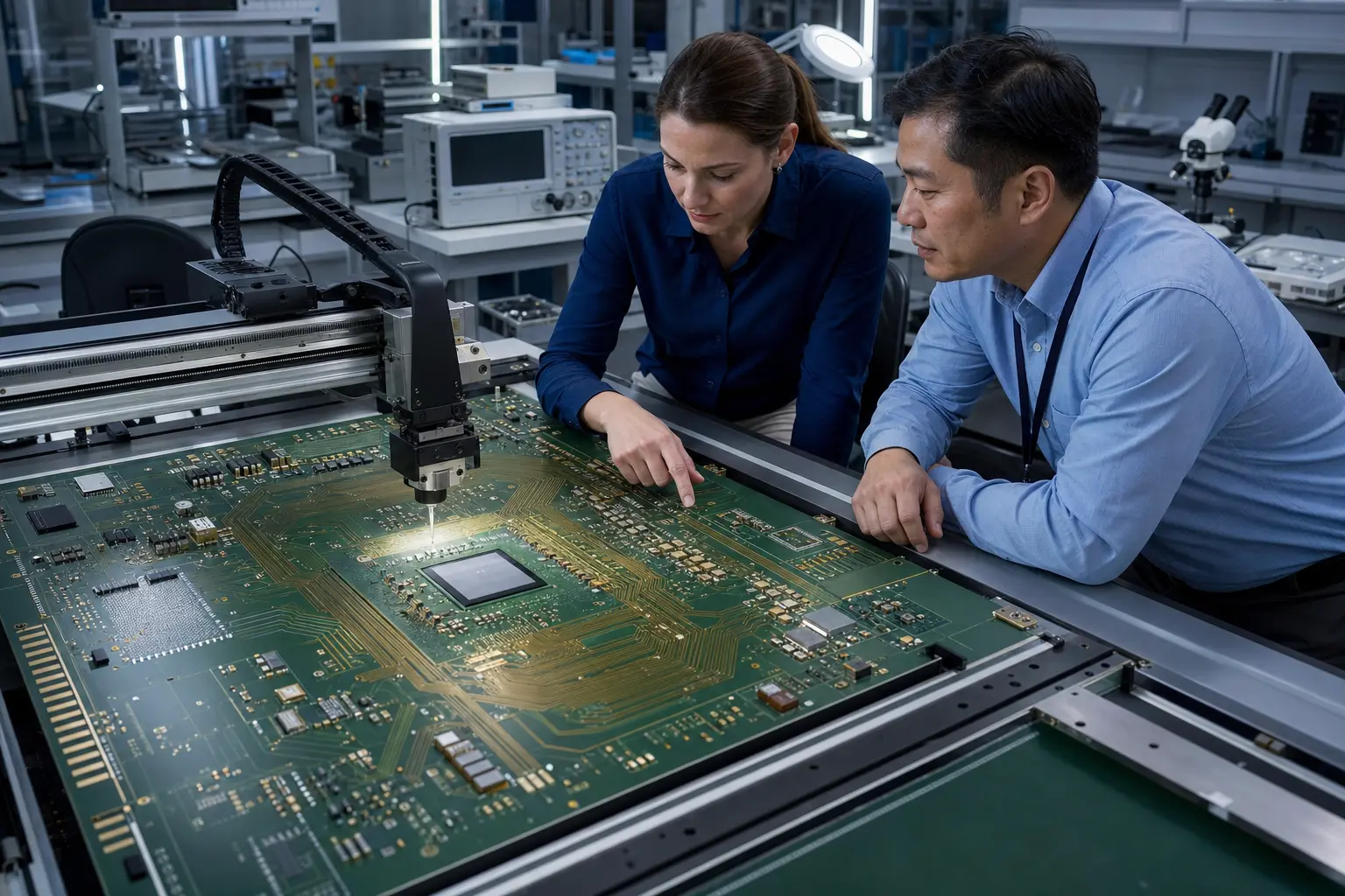 Engineers inspect a large circuit board beneath a precision manufacturing gantry.