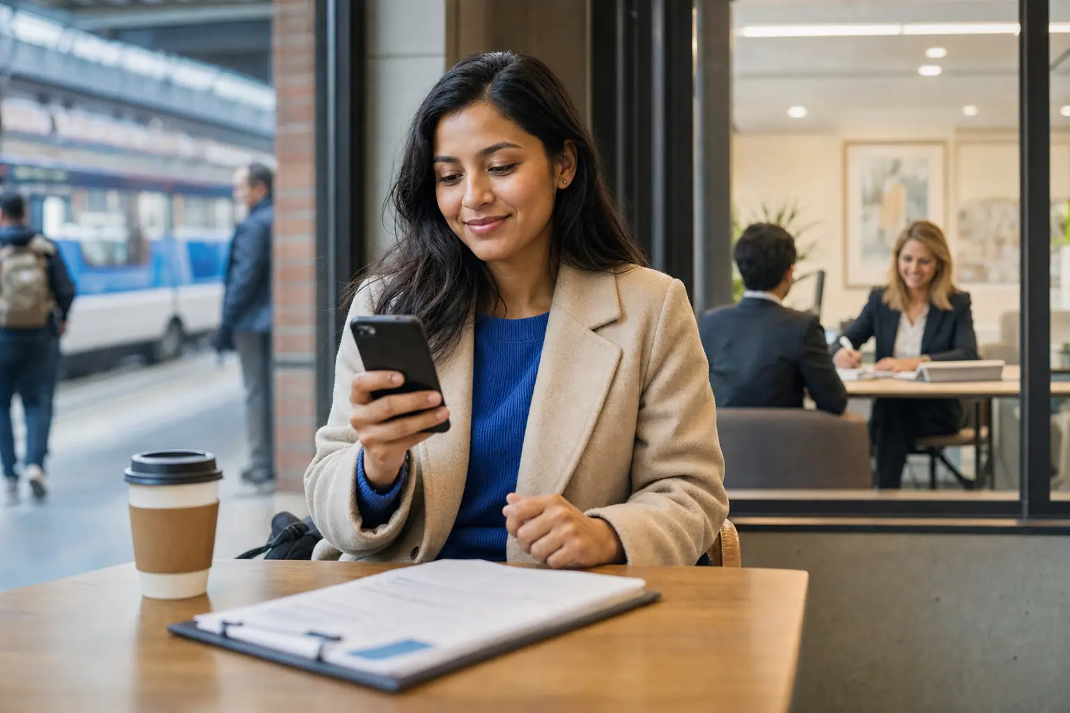 A job candidate uses a phone during a commute while preparing for an upcoming interview.