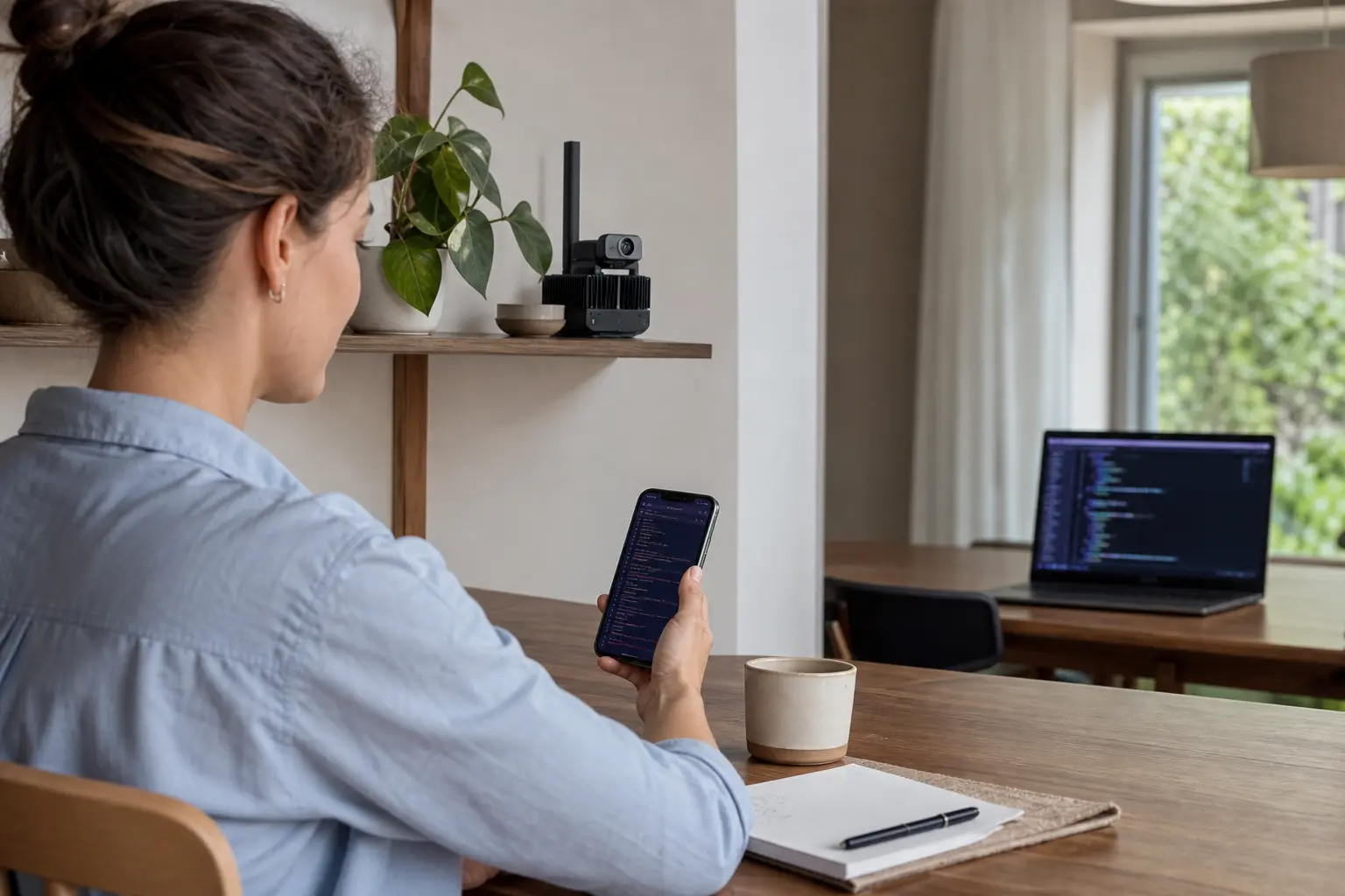 A person supervises a remote coding session from a phone while a laptop and connected Linux workstation continue the work.