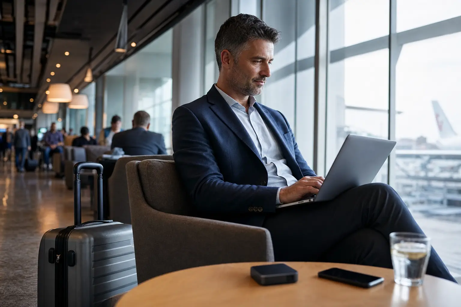 A traveler works on a laptop beside a phone and compact router in an airport lounge.
