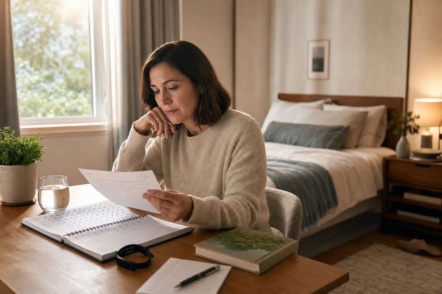 A woman reviews a sleep log and wearable data in a calm bedroom after waking.