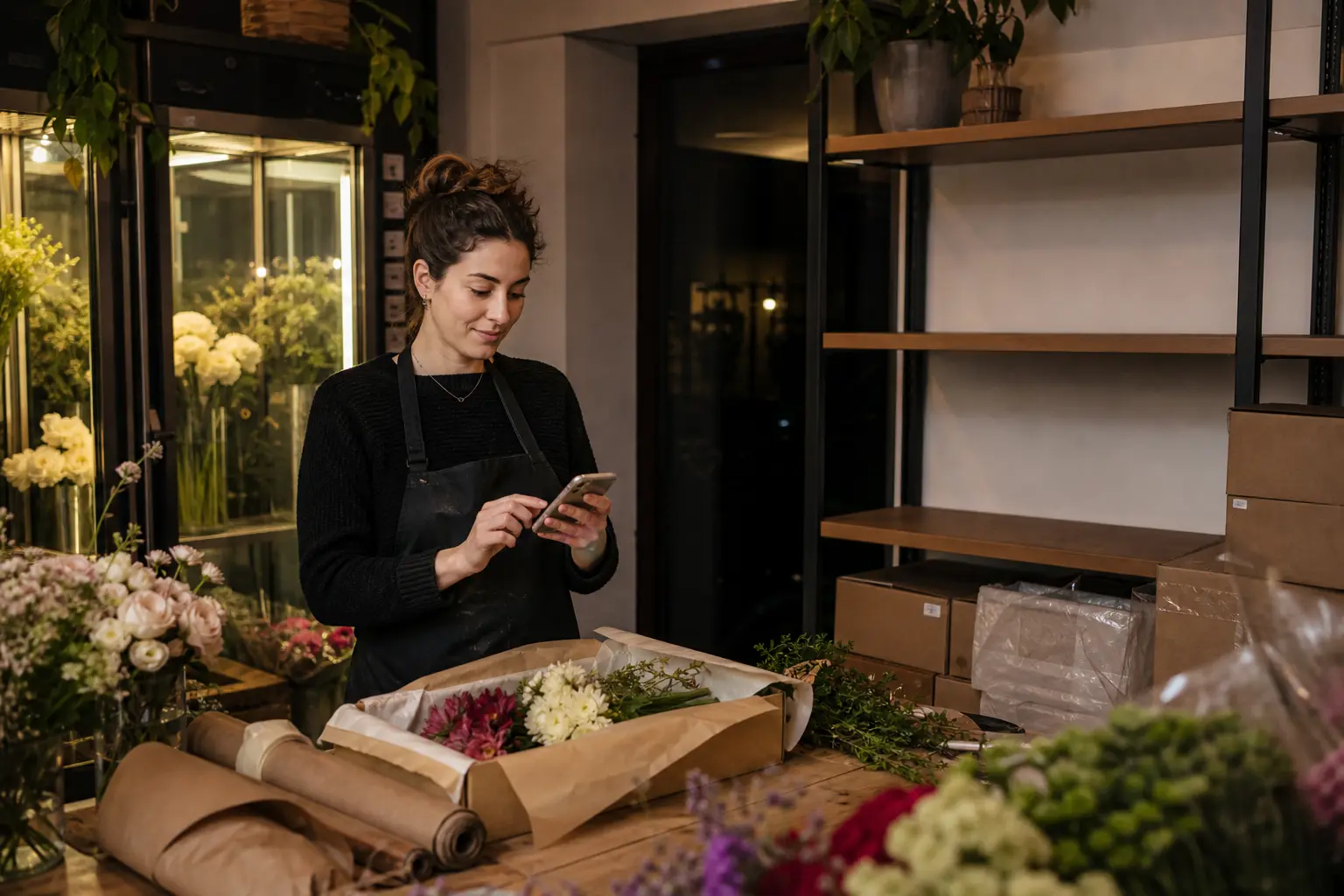 A small-business owner manages customer orders from a phone while working in a flower shop.