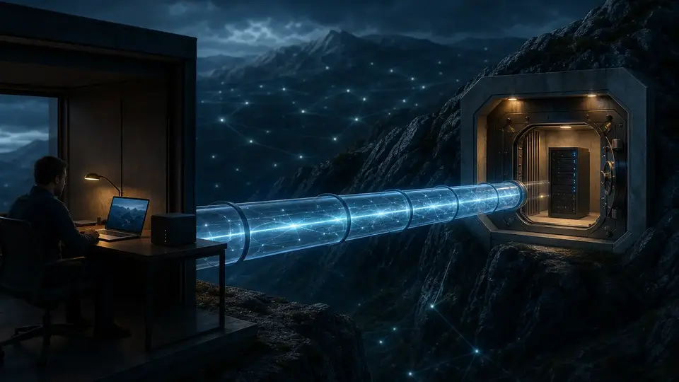 A remote operator reaching a protected Gateway through one enclosed private tunnel across a dark network
