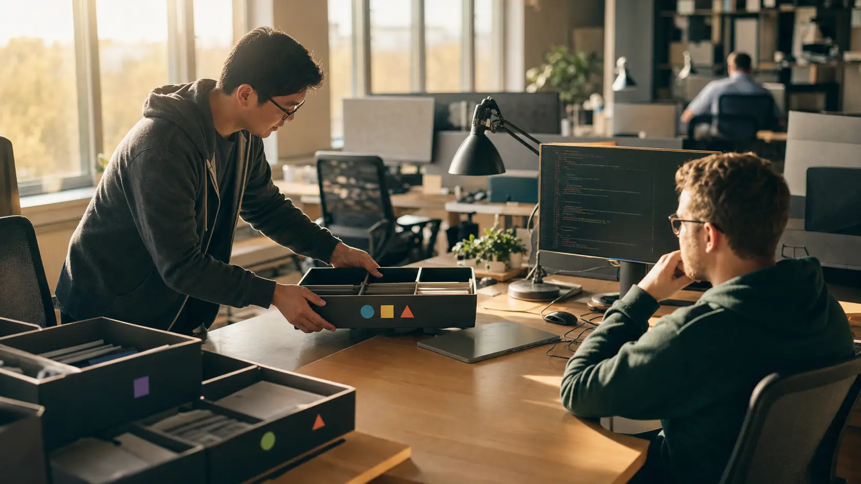 Two engineers reconnect a paused task tray to the correct project station.