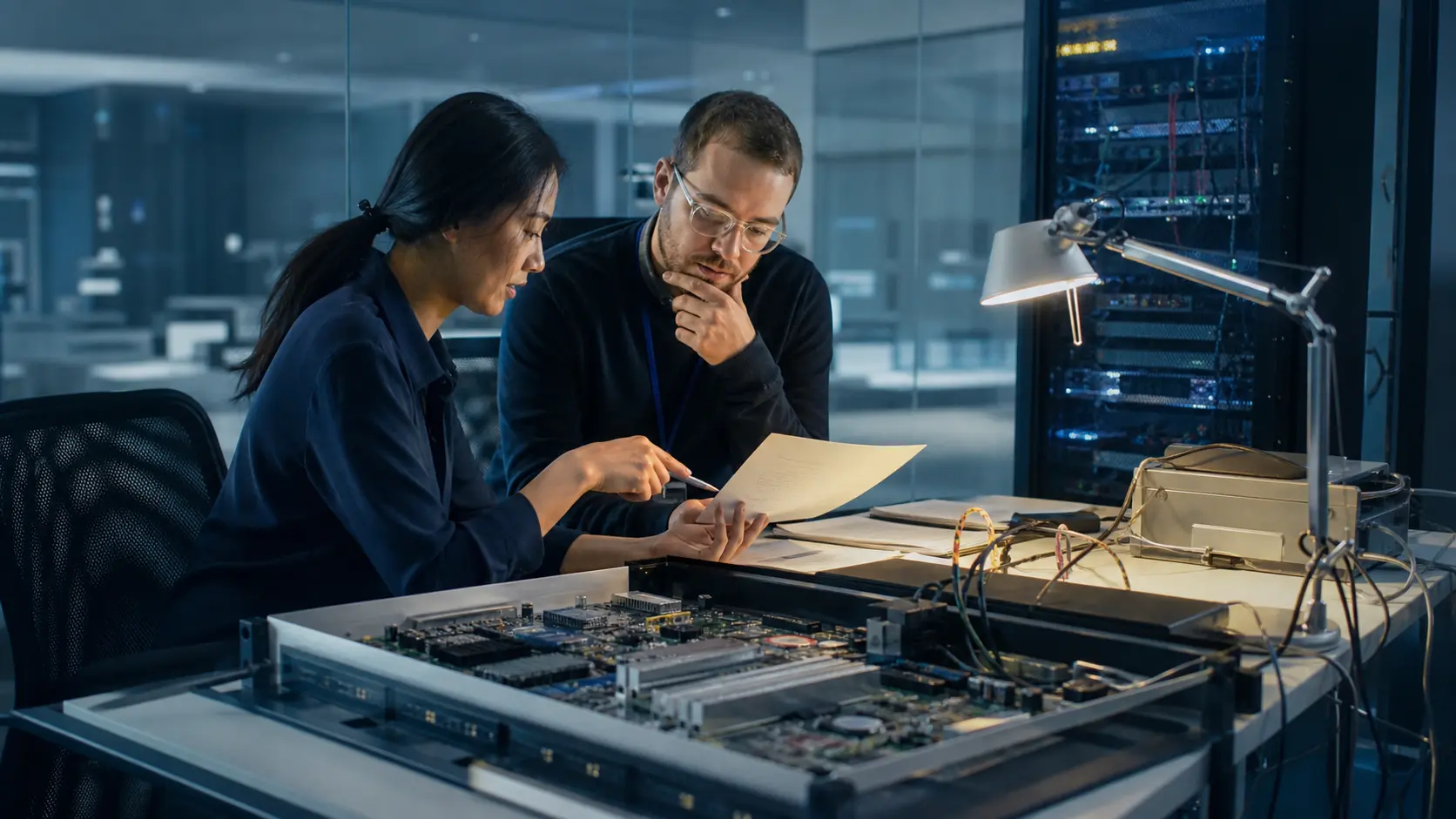 Two security engineers review a proposed patch beside an isolated test bench.