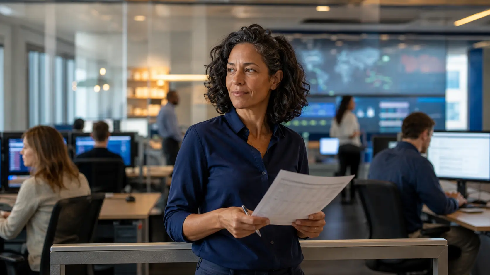 An operations lead supervises several workstreams from a bright control room.