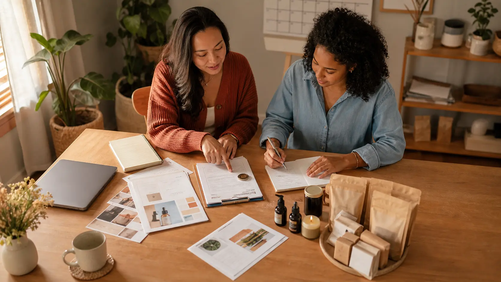 A creator and colleague review a launch packet beside product samples and approval notes.
