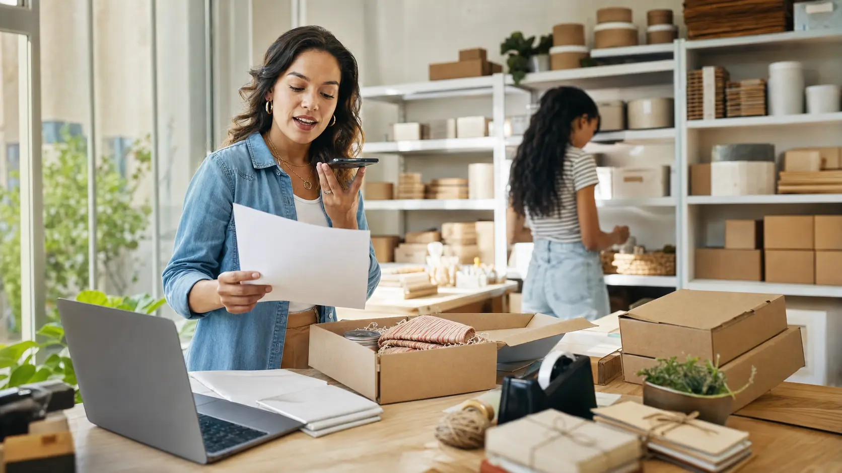 A small-business owner directs launch work while a colleague prepares customer orders.