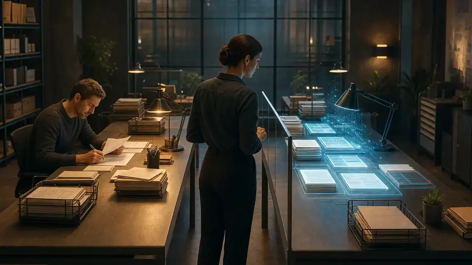 A human operator compares the established support process with an isolated shadow-agent proposal across a clear boundary