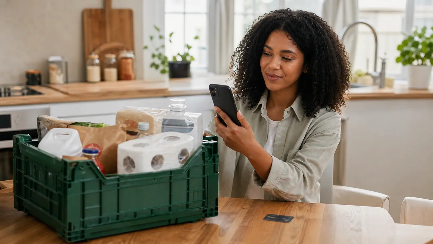 A customer checks a household delivery while confirming payment on her phone.