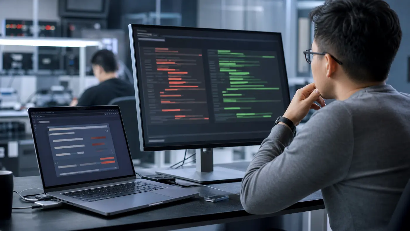 An engineer reviews a failed browser workflow beside a proposed code repair.