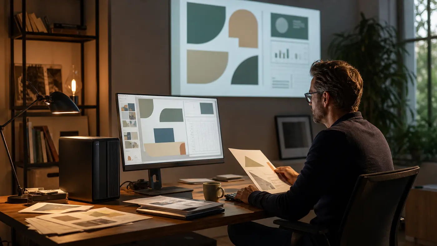 A designer reviews a presentation and spreadsheet produced from local documents.