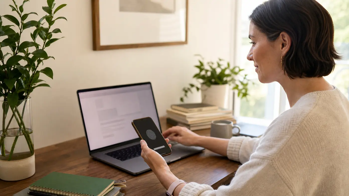 A woman approves a secure browser login with biometrics on her phone.