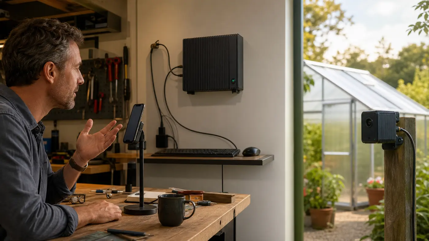 A workshop owner speaks to a phone while a remote computer and camera node continue separate tasks.