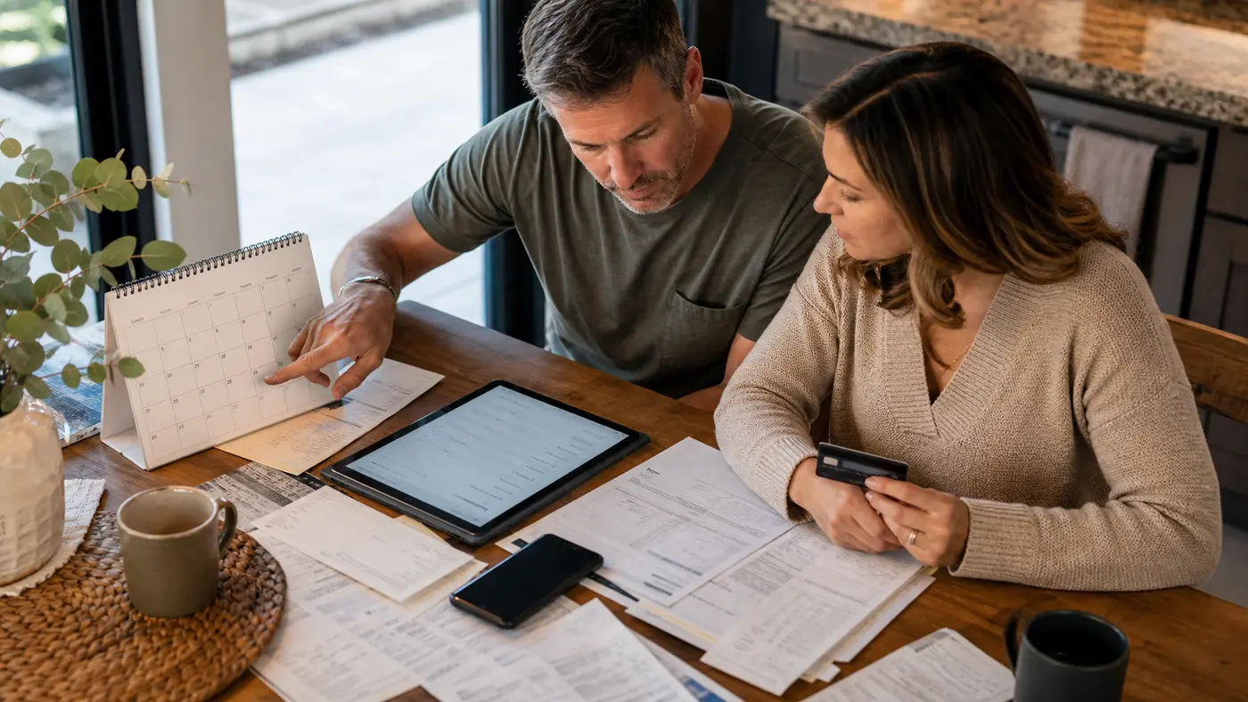 A couple reviews subscription renewal dates, bills, and an approval summary at a kitchen table.