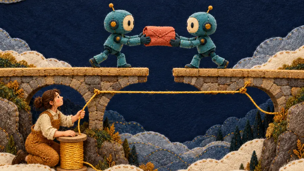 Two felt mechanical assistants hand a work bundle across a gap in a bridge while a human maintains an unbroken thread below.