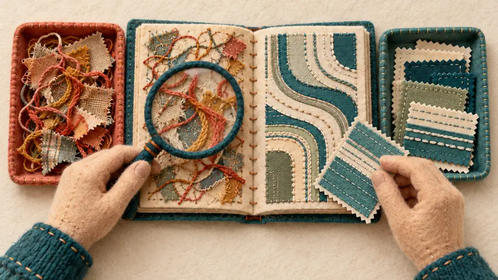 An editor examines an old patchwork instruction book with a magnifying glass and sorts patterns into review trays.